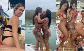 Festinha na lancha Débora Peixoto, Carol Francci e Rafaela Sumpani tirando o biquíni