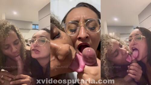 Edna Samara e amiga mulata pagando boquete duplo até ganhar leite na cara